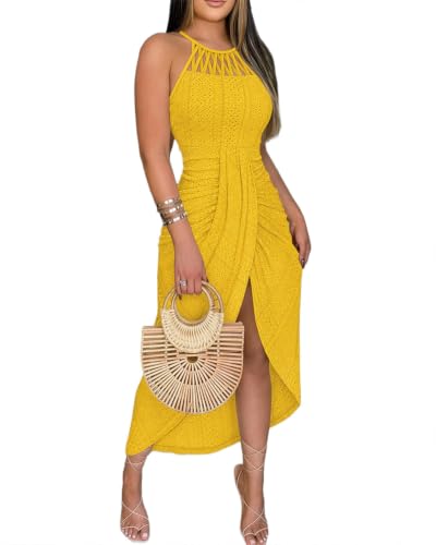Image of CHICME Womens Summer Halter Ruched Bodycon Long Dresses