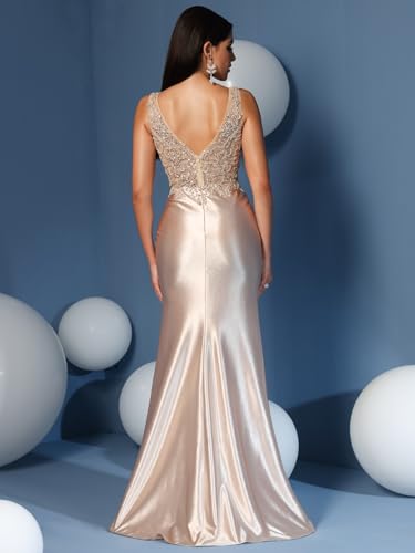 LVNES Womens Formal Evening Dress Long Satin Dress Lace Appliques High Split Wedding Guest Dress2