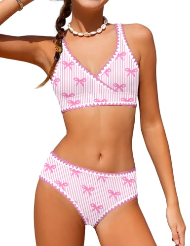 Image of KANGKANG Girls Swimsuit Bikini Set Solid Color V-Neck Two Piece Bathing Suit with Chest Pad Adjustable Straps Swimwear 7-16T