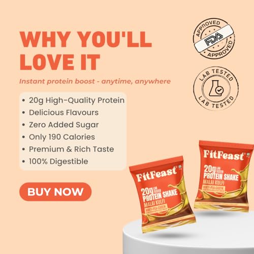 Image of FitFeast Protein Shake Sachet - Pack of 7 | 20g Triple Blend Protein Per Serve| 45:35:20 Whey, Pea & Casein Blend | No Maltodextrin | 0 Added Sugar | As Seen on Shark Tank (Malai Kulfi)
