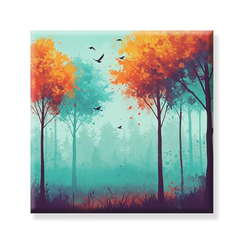 Image of EXSHA Vibrant Autumn Forest Square Canvas Painting|Abstract Colorful Trees Birds for Living Room, Bedroom, Office Decor|Modern Nature Decorative Art Print|Wall Painting for Home Decoration|24x24 Inch