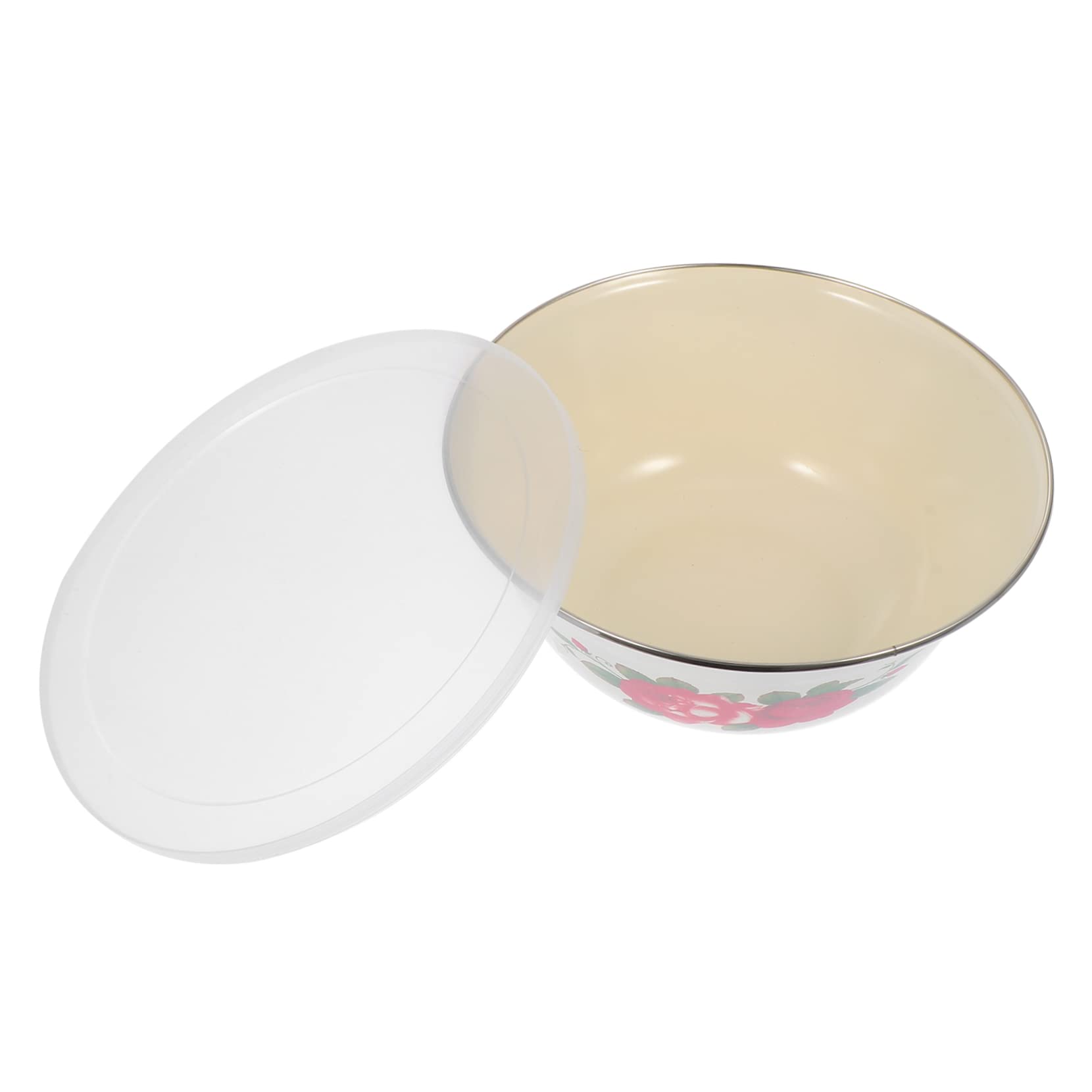 COLLBATH 1Pc Vintage Enamelware Basin with Lid Antique Kitchen Tureen Pot for Serving Salad and Soup Beige Floral Design Practical