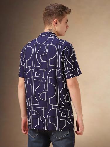 Image of Dennis Lingo Men Blue Printed Viscose Relaxed Fit Half Sleeve Shirts