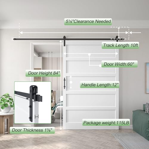 Image of Fredbeck 60x84 inch White Barn Door with 10FT Sliding Door Hardware Kit Included & Handle,MDF,Solid PVC Surface,DIY Assembly,5-Panel