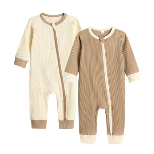 Image of Bafeicao Unisex Baby Boy Girl 2 Pack Rompers Long Sleeve Two Way Zipper Romper One Piece Jumpsuits Clothes Sets