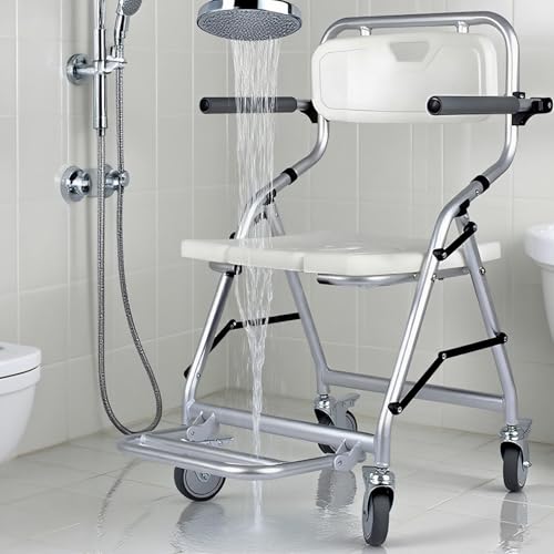 Silla de Ducha con Ruedas Plegable, Silla de Ducha Plegable para Personas Mayores Impermeable, Blanco Silla de Baño y Ducha Discapacitados con Reposabrazos y Respaldo, Carga 120kg