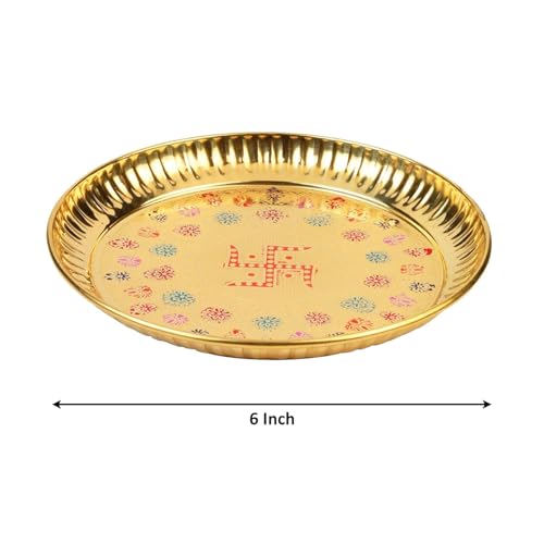 Image of Klassic 6 Inch Brass Swastik Pooja Thali | Decorative Handicraft Plate with Embossed Flower Design | Ideal for Mandir, Home, Office & Gift Purpose | Golden Puja Thali (Pack of 4)