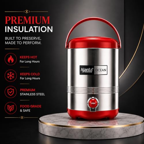 Image of Ajanta Ocean12 Stainless Steel Water Cooler, Water Dispenser Hot & Cold, Thermosteel, PU Insulated, Portable, Travel Friendly, Water Jug for Offices, Shops, Picnics (Red, 9.5 litres)