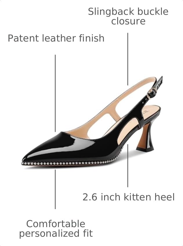 Image of TNYNFBEB Womens Kitten Heel Pointed Toe Pumps Sliver Beaded Slingback Slip-on Buckle Prom Dress Basic Classic Patent Leather Summer 2.6 Inches Heels