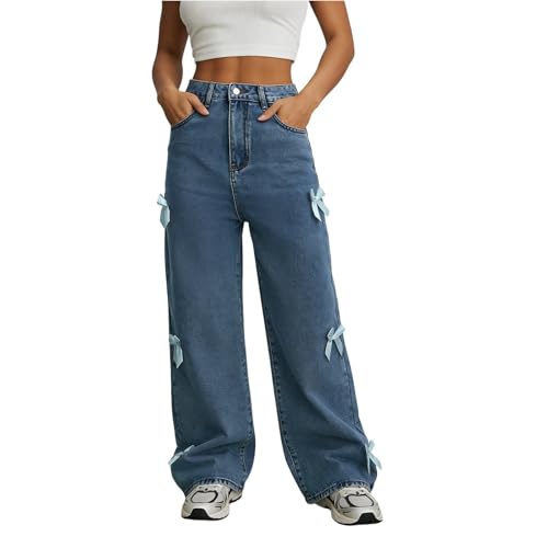 szvbofueck Pantalones vaqueros para mujer, cintura alta, pantalones vaqueros con lazos, pantalones rectos holgados, pantalones vaqueros holgados, pantalones de ocio, pantalones de ocio monocolor