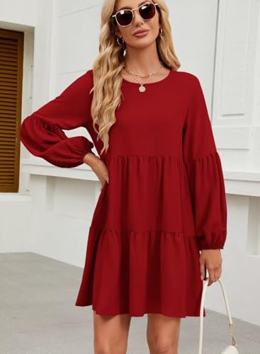 Image of QACOHU Falll Dresses for Women 2026 Crew Neck Long Lantern Sleeve Casual Loose Flowy Swing Shift Dress
