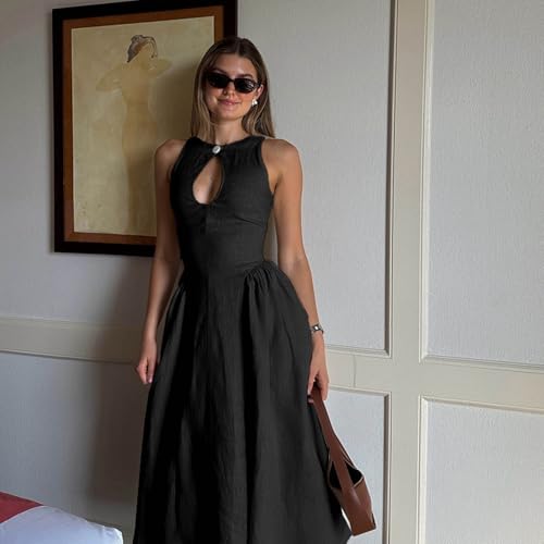 Image of Women's Side Pleated Sleeveless Medium Length Linen Single Button Tight Corset Hollowed Out MIDI Dress