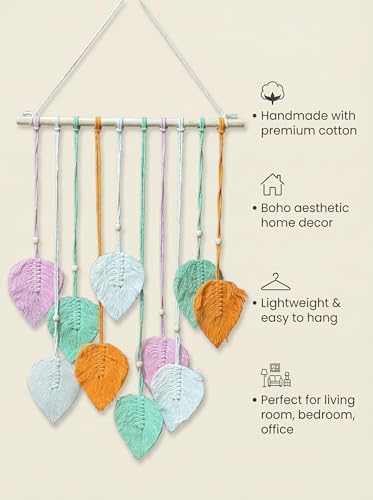 Image of JH Gallery Macrame Leaf Wall Hanging, Boho Theme Home Decor Tapestry with Wooden Beads, Handmade Macrame Wall Decor for Bedroom, Living Room and Balcony. (Multicolor)