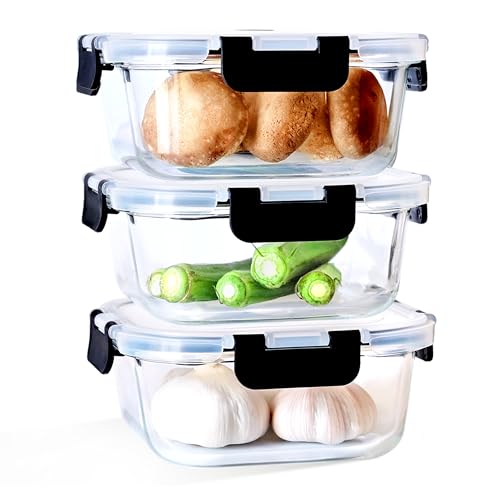 IUGHN 800ml Glass Meal Prep Containers, Three-piece Set of Glass Food containers with Lids, Pantry Kitchen Storage Containers for Lunch, Food Storage, Meal Prep, Lunch Bento Boxes, BPA Free