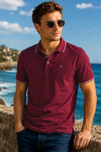 Image of Louis Philippe Men's Slim Fit Single-Tuck Pique Stylized Sleeve Print and Contrast Tipping Half Sleeve Solid Polo Tshirt