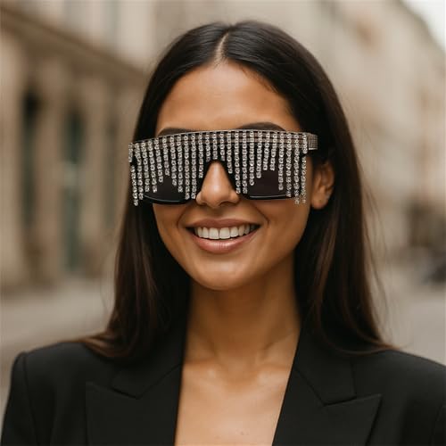 willochra Flat Top tassel Sunglasses Rhinestone Sun Glasses Diamond Party Eyeglasses Shades for Women UV4003