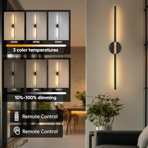 Image of Battery Operated Wall Sconces Set of Two 360 Rotate Wireless Rechargeable Light Dimmable with Remote - Black Gold Modern Sconces Cordless Wall Decor for Home Bedroom Timer 31.5 Inch