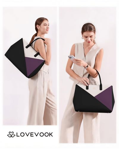 Image of LOVEVOOK Laptop Work Tote Bag for Women with Large Cup Holder, 16 Inch | Computer Bags Business Office Briefcase Handbag, Teacher Tote Bag, Double Laptop Protection, PU Leather, Large Capacity