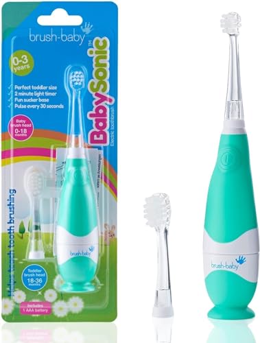 Brush-Baby BabySonic Elektrische Zahnbürste Teal 036 Monate Weich sanft vibrierend für empfindliches Zahnfleisch und die ersten Zähne Mit LED-Licht Bürstenköpfe für Babys und Kleinkinder