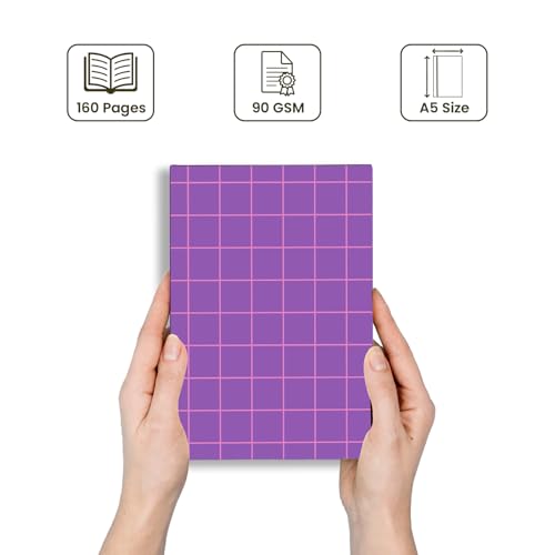 Image of A5 Designer Diary Notebook for Girls and Women, Purple Pink Grid Hardbound, 160 Ruled Pages 90 GSM, Diary for College, Office and Gifting