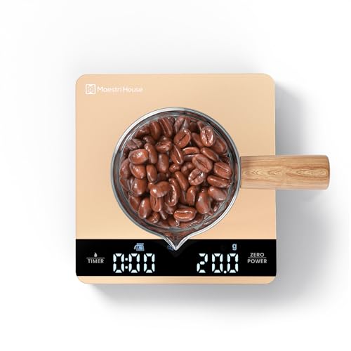 Image of Mini Coffee Scale with Timer, Maestri House Rechargeable Espresso Scale, 2kg /0.1g Accurate Scale for Espresso and Pour-Over Coffee, Portable Digital Kitchen Scale with Automatic Timing-Gold