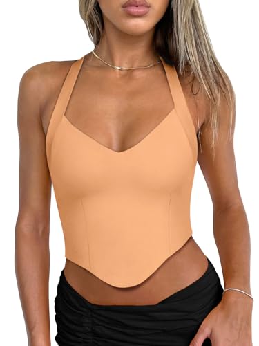 REORIA Double Lined Sexy Halter Tops for Women V Neck Sleeveless Camisole Y2K Trendy Going Out Corset Crop Tank Tops Orange Powder X-Large