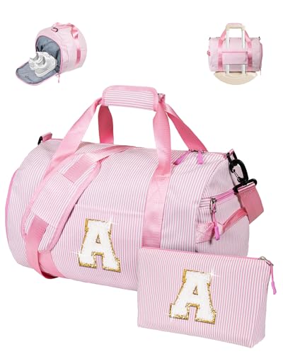 Gift for 11 12 13 14 15 16 Years Old Girls, Girl Gym Bag, Kids Initial Overnight Duffel Bags with Shoe Compartment, Personalized Travel Bag with Makeup Pouch, Cute Birthday Gifts (Letter A)
