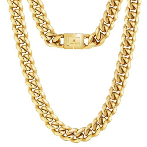 KRKC&CO 8/10/12/14mm Cuban Link Chain for Men, 18k Gold Miami