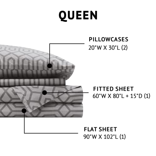 Comfort Spaces 100% Cotton Sheet Set Breathable, Lightweight, Soft with 14" Elastic Pocket Fits up to 16" Mattress, All Season Cozy Bedding, Matching Pillow Case, Queen Diamond Sliver 4 Piece