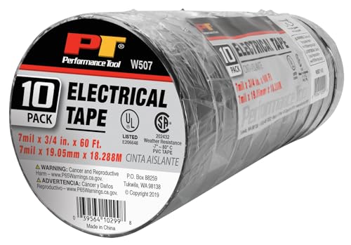 Image of Performance Tool W507 Electrical Tape, 60' x 3 /4 inch - Pack of 10, UL Listed, Versatile for Shop, Home, and Auto