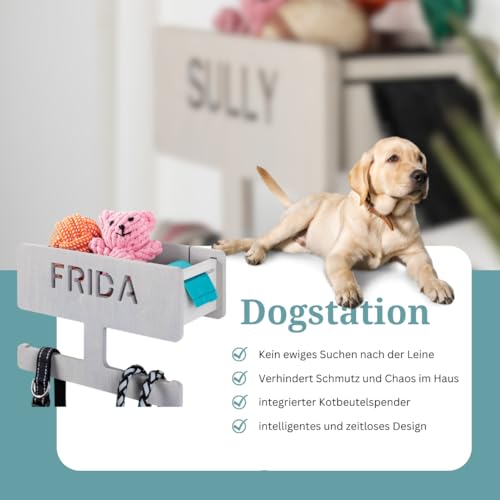 INEXTERIOR – Hundegarderobe personalisierbar mit Ablage & Leinenhalter in Hellgrau - Hundezubehör Dogstation für Hundeleinen, Spielzeug & Leckerlis aus Birkenholz - Mit Kotbeutelspender & Montagekit