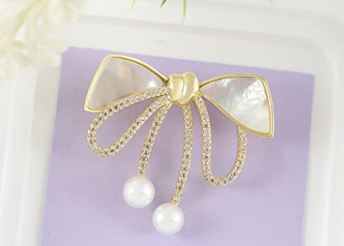 Image of Alilang Cubic Zirconia Bridal Natural Seashell Bowknot Brooches Pins Crystal Rhinestones Vintage Women Accessory