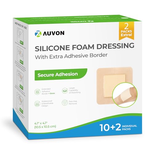AUVON Silicone Foam Dressing with Large Adhesive Border, 4' x 4' 12 Packs Wound Dressing Bandage with High Absorbency, Waterproof Silicone Foam Pads for Wound Care & Protection Plus Cushioning