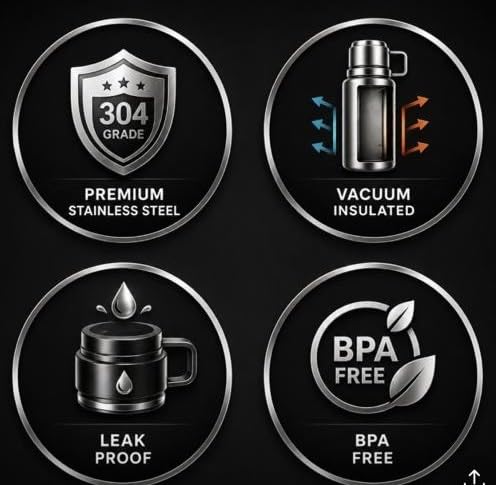 Image of Thermo Flask Vacuum Flask Set, Stainless Steel, 500ml, Insulated Double Wall, Hot and Cold Bottle with 3 Cups