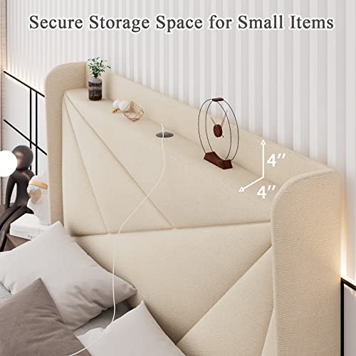 Ipormis Full Size Upholstered Platform Bed Frame With Type C & Usb Ports And Storage Headboard, Geometric Bed Frame With Wingback, Wood Slats, Noise-Free, No Box Spring Needed, Beige #TOP3