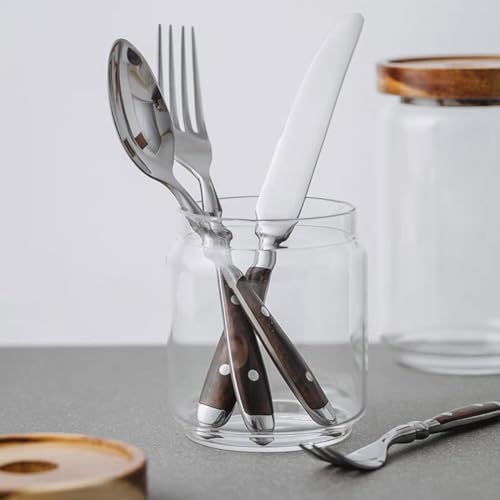 Brown Silverware Set 5 Piece Flatware Cutlery Set Service for 1,18/10 Stainless Steel Faux Wood Rivet Handle Mirror Polished Dishwasher Safe Premium Durable Utensil Sets for Home Kitchen Wedding
