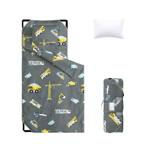 Image of Wake In Cloud - Cot Nap Mat with Pillow and Blanket, 100% Cotton Fabric, for Toddler Kids Boys Ages 3 Plus in Daycare Kindergarten Preschool with Elastic Corner Straps, Cars Cranes Trucks