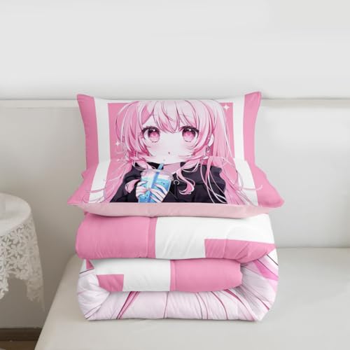 Image of Erosebridal 3D Japanese Kids Comforter Set | Anime Girl Drinking Milk Tea Bedding King,Cute Kawaii Girly Down Comforter Modern Fashion Aesthetic Duvet Set for Bedroom