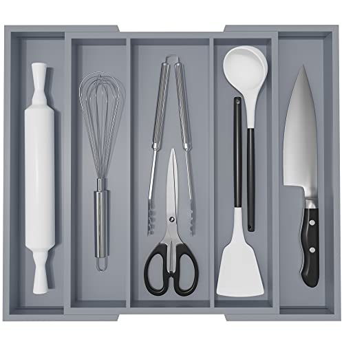 Large Kitchen Utensil Drawer Organizer - Expandable 5 Slots Cooking Utensil Organizer Multipurpose Silverware Organizer for Storage Repair Tools, Painting Tools W13.7"-19.9" x L17.6" X H2.5" (Grey)