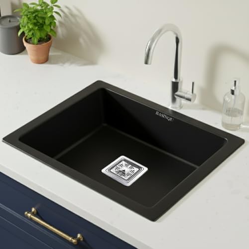 Image of BASINQU Quartz Sink for Kitchen | 21x18x9 Inches Quartz Kitchen Sink Black | Granite Sink For Kitchen Basin UV Protected, Granite Scratch Resistant, Undermount /Topmount Sinks