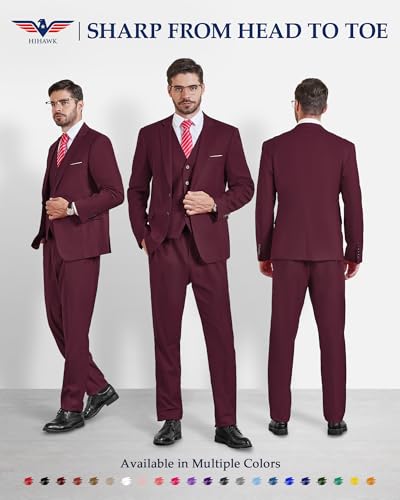 Hihawk Men’s 3 Pieces Suit, Slim Fit Tuxedo with Two Buttons, Jacket Vest Pants & Tie Set for Party, Wedding and Business2