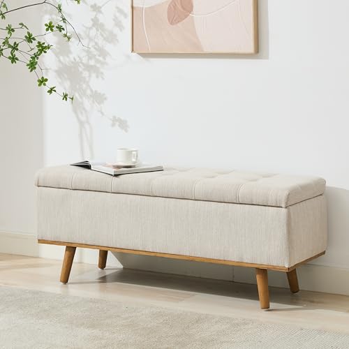 Storage-Ottoman-Bench-45-End-of-Bed-Bench-Beige Storage Ottoman Bench, 45" End of Bed Bench, Beige - Image 1