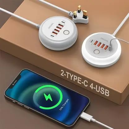 High Powered Creative Round Multi-Port Intelligent Fast Charging Charger LED/Fill Light PD50W Plug-in Charger 4USB Port 2TYPE-C Multi-Port Fast Charging with Touch LED USB Charger (White)-image-18