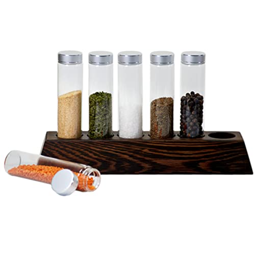 gouveo Gewürzregal Wenge mit 6 Gläser 100 ml Tube und Deckel silberfarben - Holzregal mit runden Gewürzgläsern - Gewürzregal 30 x 5 x 8 cm zum Hinstellen