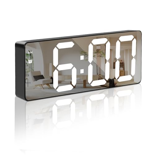 Home-X Digital Alarm Clock, Large Display Bedside LED Electronic Digital Clock Silent No Ticking, Mirror Black USB Mains Powered/Battery Powered Bedroom Alarm Clock with Temperature Display