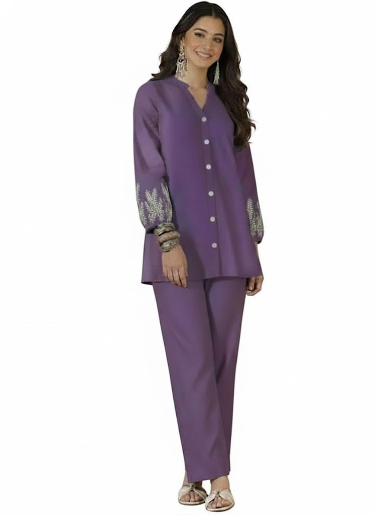 SHEINZY Elegant Embroidered Sleeve Co-Ord Set for Women | Comfortable Silk Blend V-Neck Button-Down Top Matching Pants | Stylish Casual Ethnic Wear-image-44