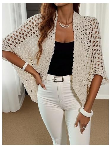 MakeMeChic Women's Crochet Cardigan Sweater Half Sleeve Open Front Knitted Fall Outerwear4