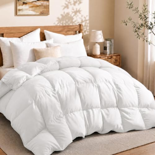 Peace nest Queen Size Goose Feather Fiber and Down Comforter Fluffy Duvet Insert All Season Hotel Luxury Bedding Comforters Soft Medium Warmth 88x88 Inches White