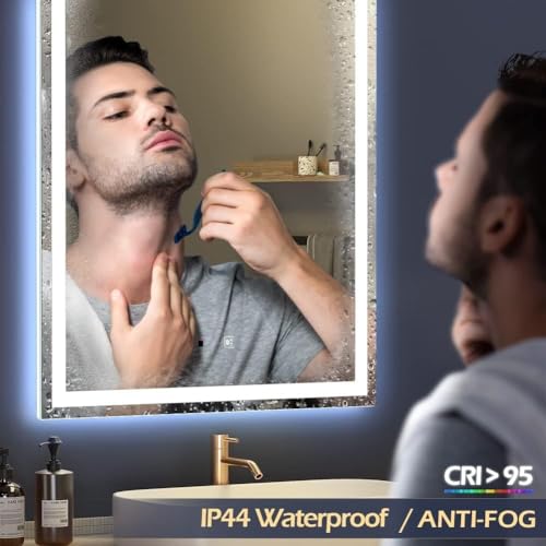 Image of TEX-RO LED Bathroom Mirror with Lights | Anti-Fog Dimmable Vanity Mirror for Wash Basin | Frameless Wall Mirror for Bathroom | Touch Sensor, IP44 Waterproof, CRI>95, Memory Function - 24x18 Inch