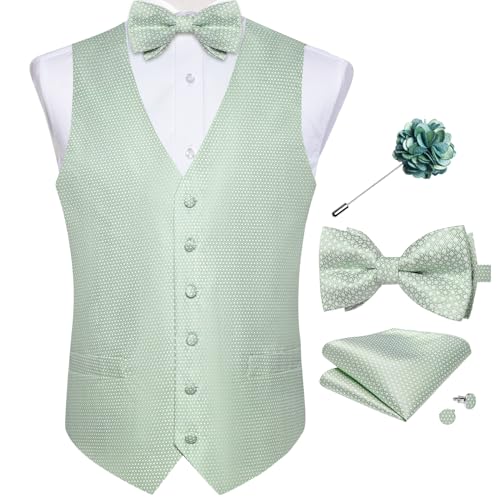 Image of DiBanGu Mens Paisley Suit Waistcoat,Silk Dress Vest and Bowtie Pocket Square Cufflinks with Lapel Pin Set for Wedding Tuxedo